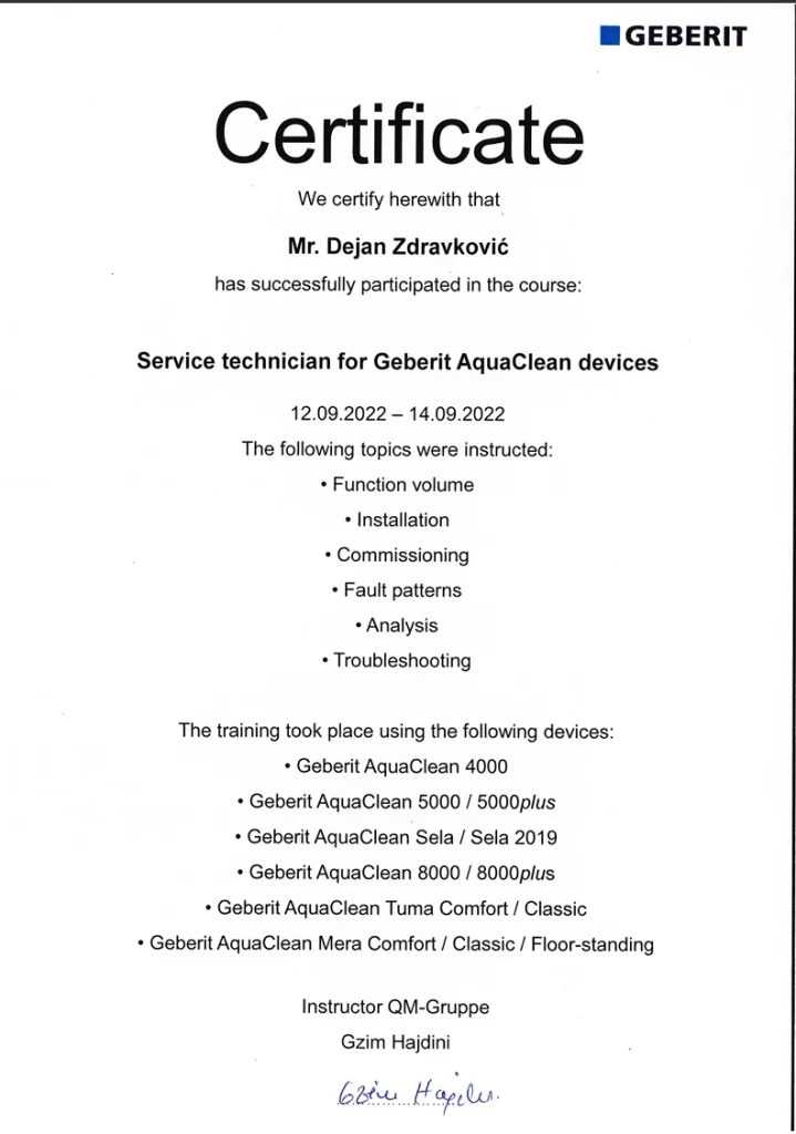 Sertifikat za ovlašćenog AquaClean servisera