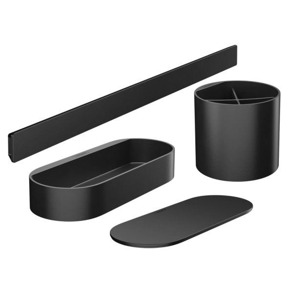 Hansgrohe WallStoris set držača 4 komada, matt black. Sastoji se od: zidne šipke, korpe za odlaganje, poklopca, čaše za kozmetiku. (27968670).